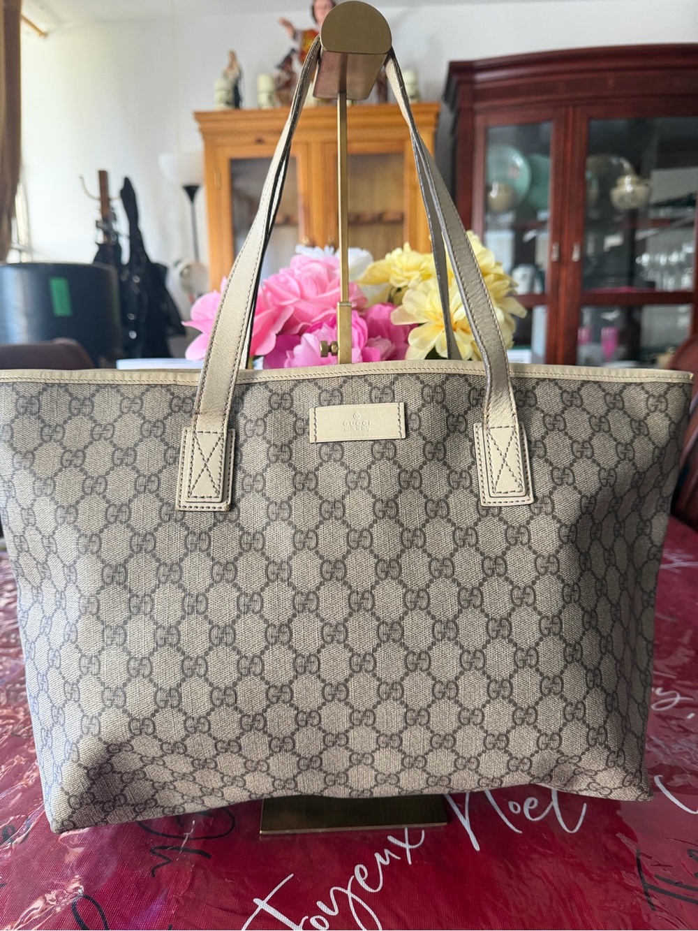 Gucci Beige GG Supreme Tote with Light Tan Leather Handles